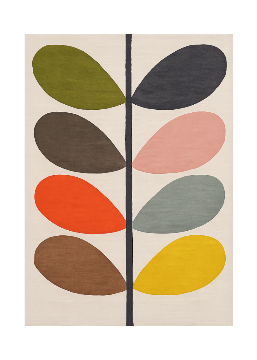 A square area rug featuring a mid-century modern botanical design with eight stylized leaf shapes in olive green, charcoal, taupe, dusty pink, orange, light gray, brown, and mustard yellow, arranged around a central dark gray vertical stem on an off-white background.