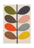 A square area rug featuring a mid-century modern botanical design with eight stylized leaf shapes in olive green, charcoal, taupe, dusty pink, orange, light gray, brown, and mustard yellow, arranged around a central dark gray vertical stem on an off-white background.