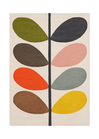 A square area rug featuring a mid-century modern botanical design with eight stylized leaf shapes in olive green, charcoal, taupe, dusty pink, orange, light gray, brown, and mustard yellow, arranged around a central dark gray vertical stem on an off-white background.