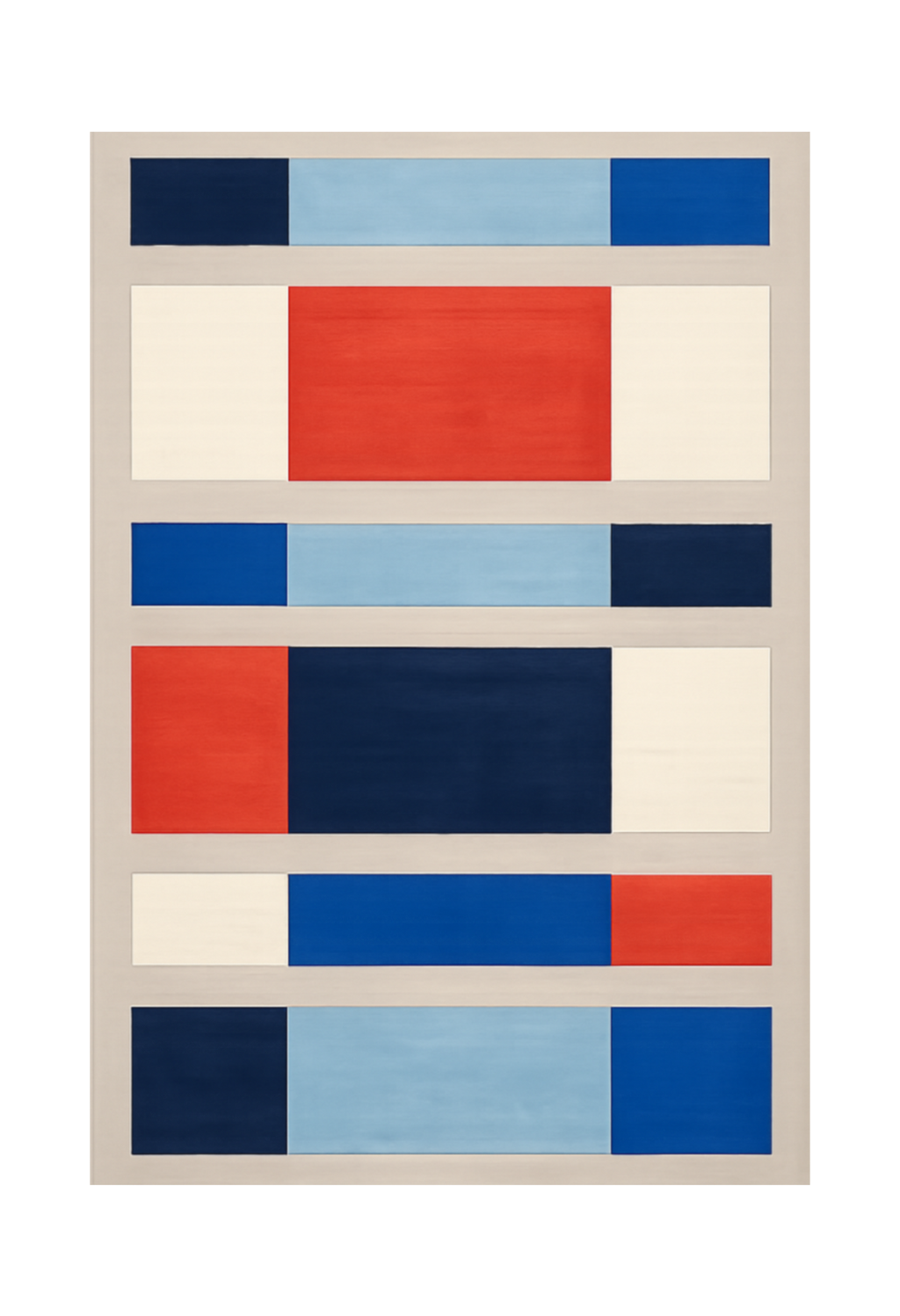 A framed abstract geometric painting featuring blocks of navy, light blue, red, cream, and royal blue on a beige background.
