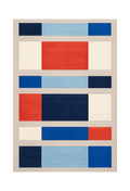 A framed abstract geometric painting featuring blocks of navy, light blue, red, cream, and royal blue on a beige background.