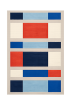 A framed abstract geometric painting featuring blocks of navy, light blue, red, cream, and royal blue on a beige background.