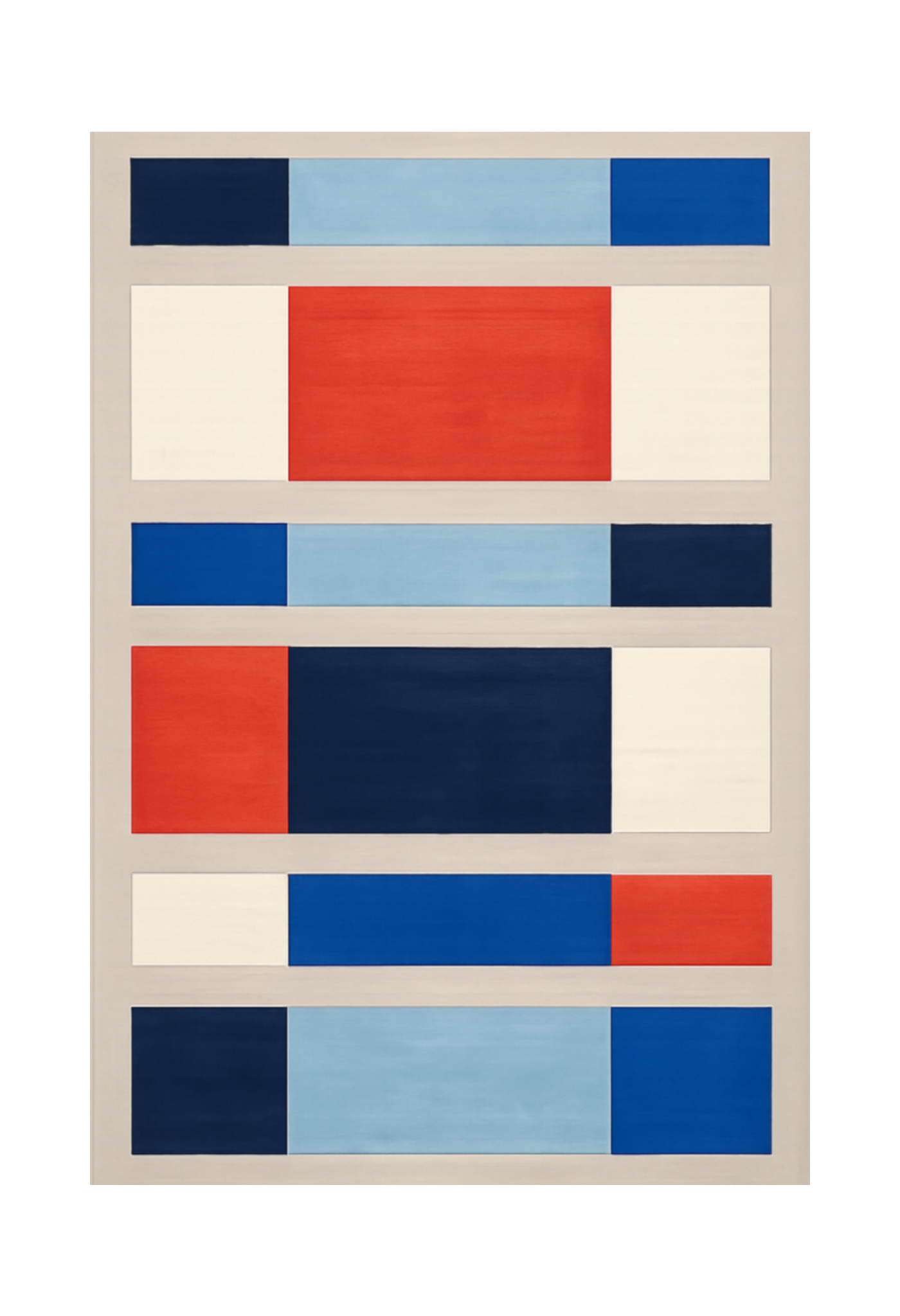 A framed abstract geometric painting featuring blocks of navy, light blue, red, cream, and royal blue on a beige background.